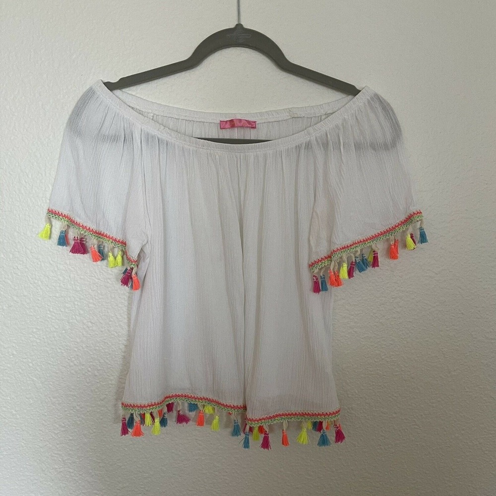 Social Teen‎ Junior's Women White Off Shoulder Neon Tassel Crop Top Large